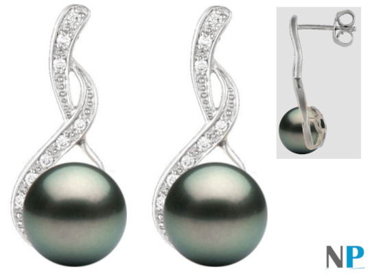 Boucles d'oreilles de Perles de Tahiti avec diamants en Argent 925