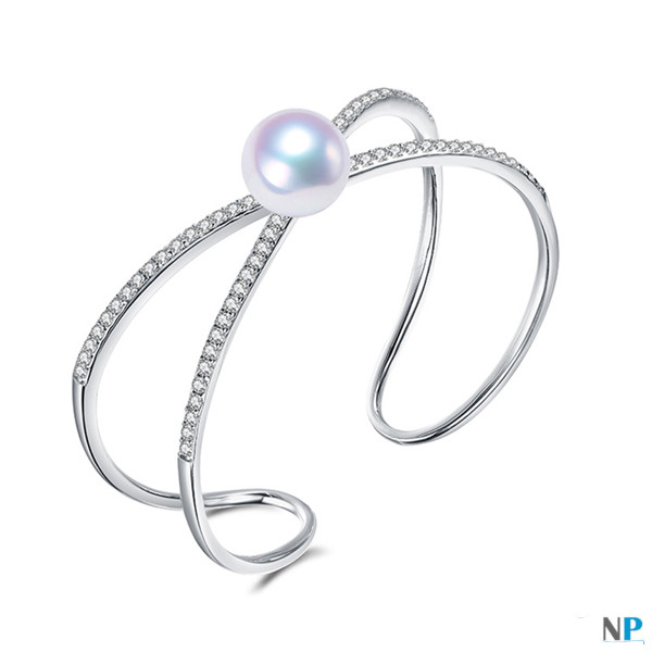 Bracelet en Argent rhodié et perle blanche d'Akoya du Japon