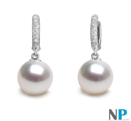 Boucles d'oreilles de perles d'Australie blanches argentées en Argent 925 et diamants