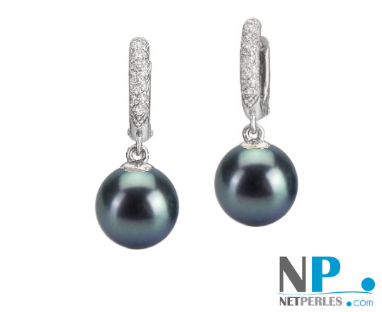 Boucles d'oreilles en Argent 925 diamants et perles d'eau douce noires AAA