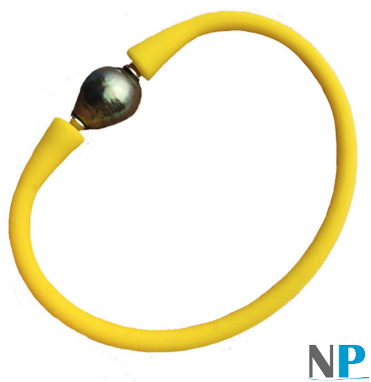 Bracelet en silicone jaune avec perle de Tahiti baroque cerclée 