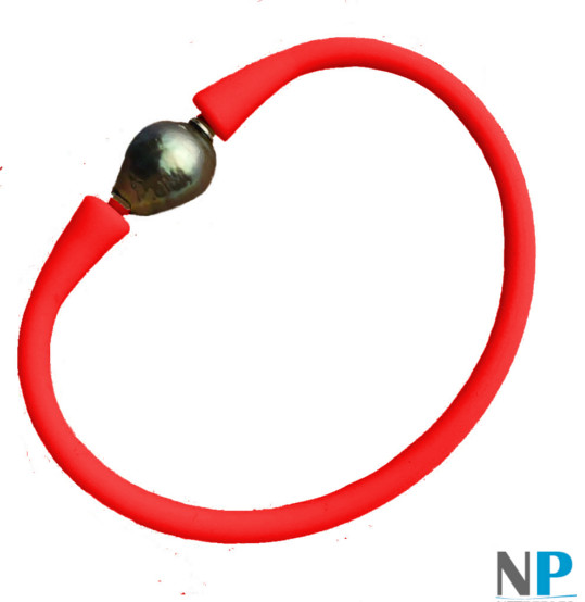 Bracelet en silicone rouge  avec perle de Tahiti baroque cerclée 