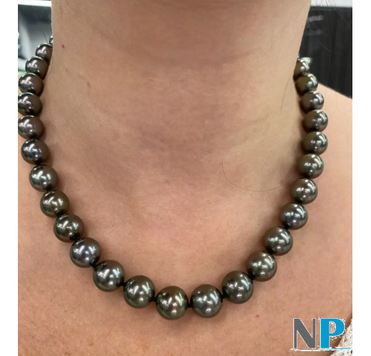 Collier de perles noires de tahiti, bien rondes qualité AA/AA+ de 10 à 11,5 mm