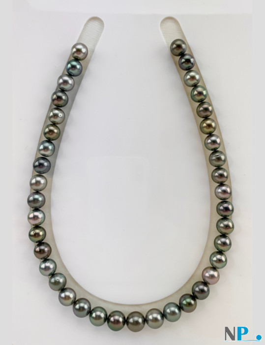 collier de vraies perles noires de tahiti de formes rondes, multicolores base de gris