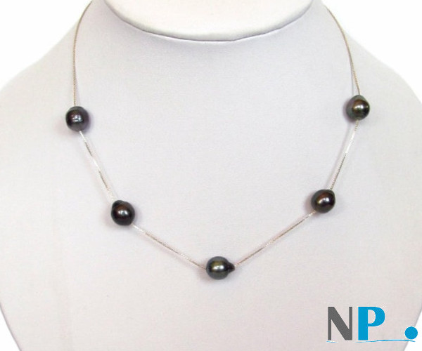 Collana 5 Perle di Tahiti Barocche a goccia 9-10 mm catenina corda oro 14k