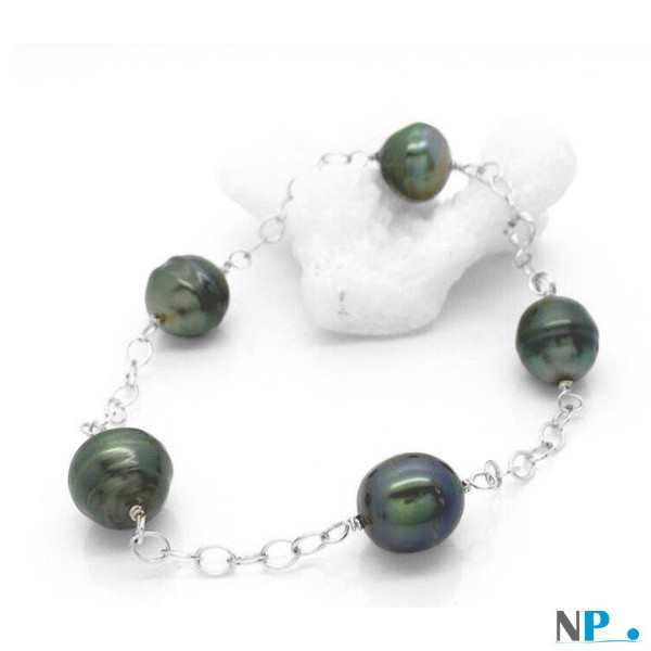 Bracelet des perles baroques de Tahiti sur chaine en or gris 14k