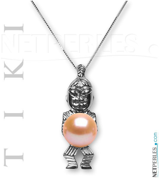 Pendentif Tiki en Or Gris 18k avec perle de culture d'eau douce Pêche DOUCEHADAMA