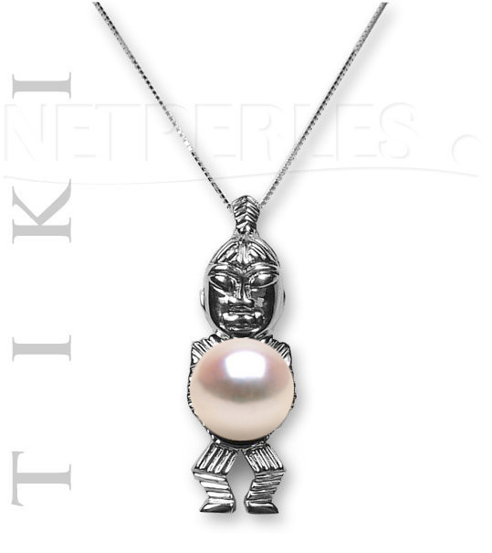 Pendentif Tiki en Argent 925  avec perle de culture d'Akoya