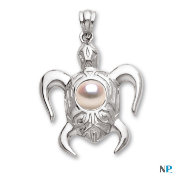 Pendentif tortue en Argent 925 (rhodié)  avec perle d'Akoya