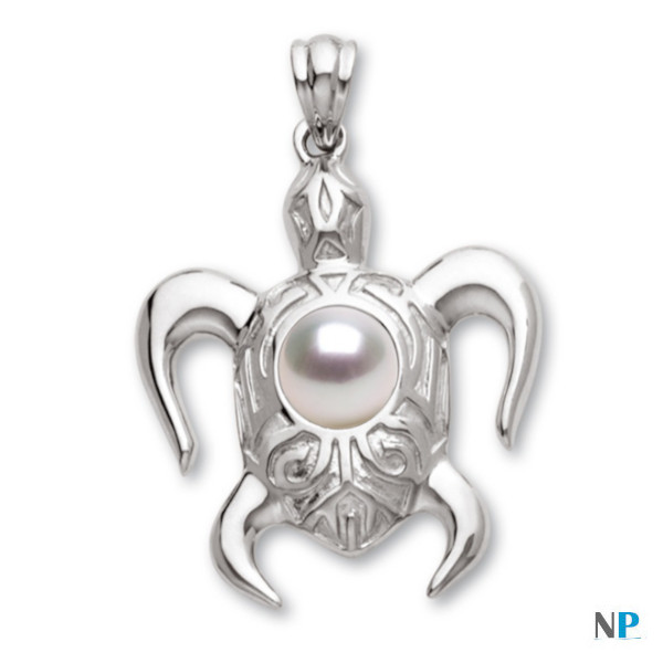 Pendentif tortue en Argent 925 (rhodié)  avec perle d'Australie blanche argentée