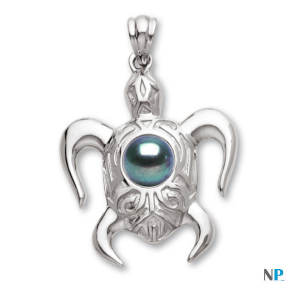 Pendentif tortue en Argent 925 (rhodié)  avec perle noire d'eau douce