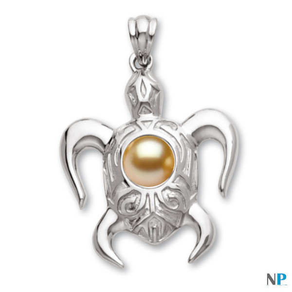 Pendentif tortue en or gris (rhodié) 18 carats avec perle dorée des Philippines 