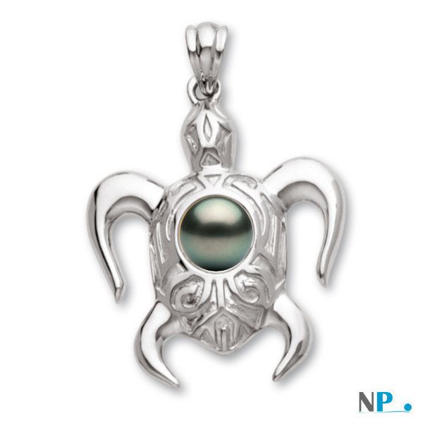 Pendentif tortue Or Gris (rhodié)  avec perle noire de tahiti