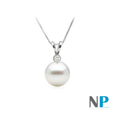 Pendente in Oro 18k con Diamante e Perla Australiana Bianca Argentata AAA
