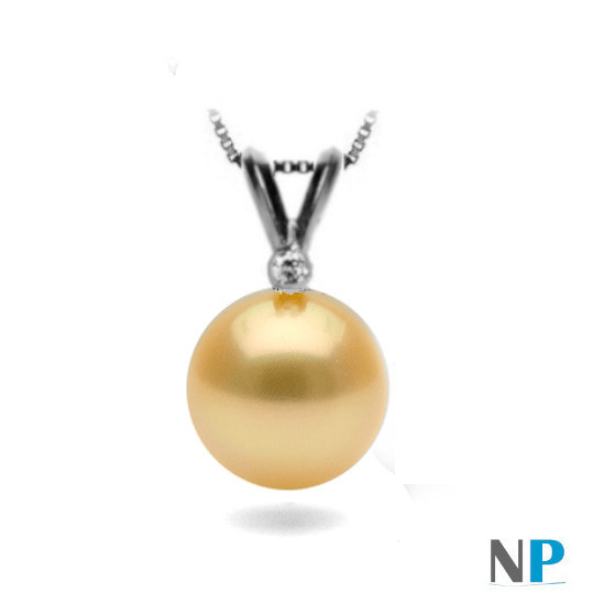 Pendente in oro bianco 18k con un diamante e una perla dorata Filippina