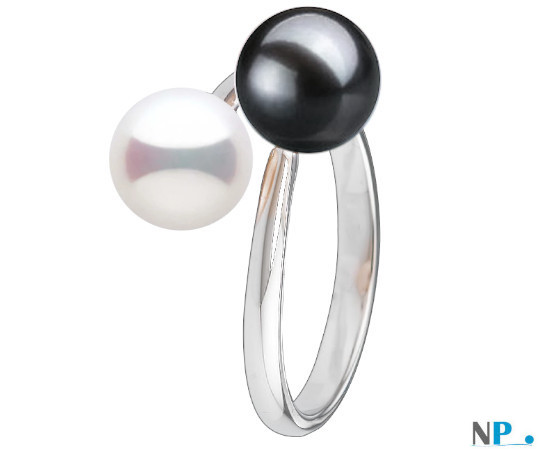 Bague You and Me avec une perle blanche et une perle noire d'eau douce AAA