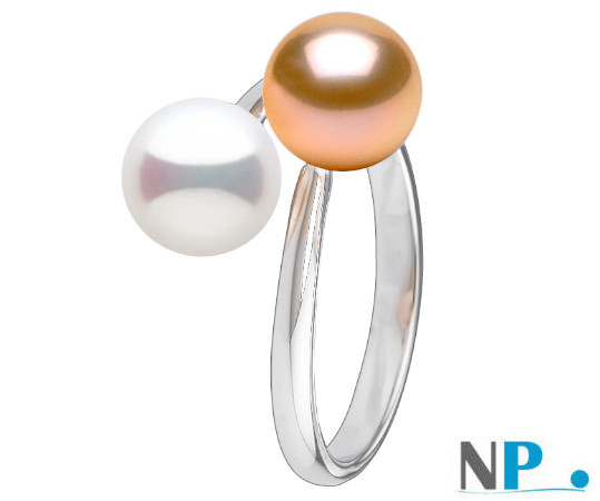 Anello You&Me, argento 925 con 2 perle d'acqua dolce DOLCEHADAMA bianca e rosa pesca