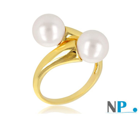 Bague en or jaune 18k avec  2 perles d'eau douce AAA blanches