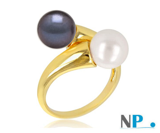 Bague You and Me avec une perle blanche et une perle noire d'eau douce AAA