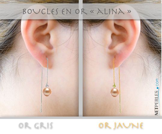 Boucles d'oreilles : Chaines Or plus Perles d'Eau Douce couleur peche qualite AAA