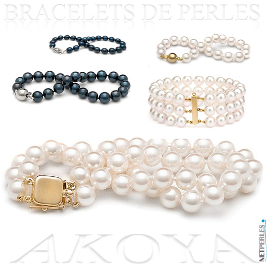 Bracelet de perles blanches - bracelets de perles noires - bracelets de perles akoya - bracelet de perles plusieurs rangs