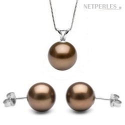 Parure 2 bijoux: Pendentif et Boucles d'oreilles en perles de Tahiti Chocolat 9-10 mm AA/AA+