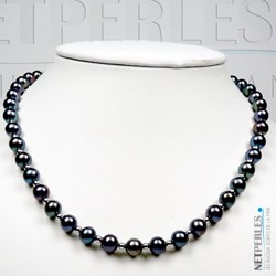 Collier 45 cm perles noires d'eau douce 7 à 8 mm billes en Or Gris 14k