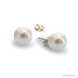 Paire de boucles d'Oreilles Or 18k perles d'Akoya blanches 7,5 à 8 mm
