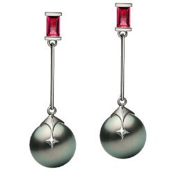 Boucles d'Oreilles Or 9k Perles de Tahiti 9-10 mm et rubis