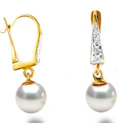 Boucles d'Oreilles Or 14k Diamants Perles d'Akoya qualité AAA