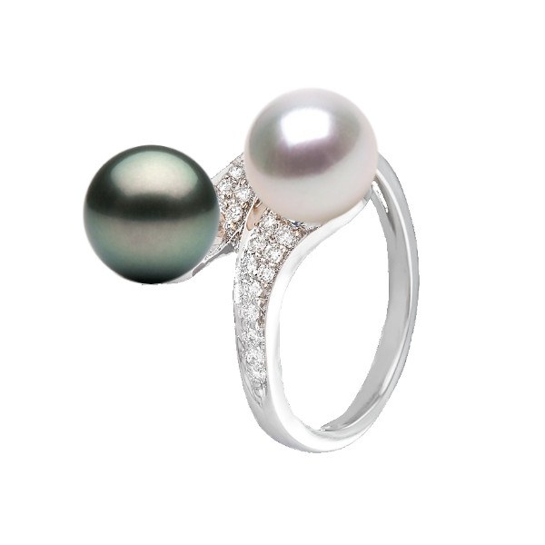 Bague Toi&Moi Or 18k et Diamants, perle blanche d'Akoya et perle noire de Tahiti AAA