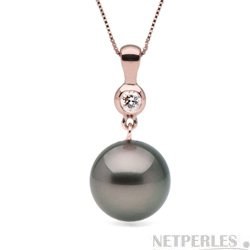 Pendentif Or rose 14k et diamant 0,10 carats Perle de Tahiti AAA