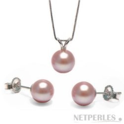 Parure 2 bijoux: pendentif et boucles d'oreilles de perles d'Eau Douce Lavande AAA