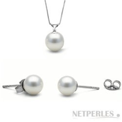 Parure de bijoux en perles : pendentif et boucles d'oreilles de perles d'Eau Douce Blanches AAA