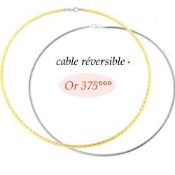 Cable Or 9 carats double face Or Gris et Or Jaune. 42 cm, 2 mm