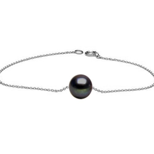 Bracelet Cheville 24 cm Argent forçat Perle Noire d'Eau Douce 8-9 mm AAA