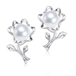 Boucles d'Oreilles Argent 925 Perles d' Akoya 6,5-7 mm AAA orient blanc argent