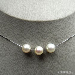 Bracelet 18 cm chaine Or Gris 14k et 3 perles d'Akoya 7-7,5 mm AAA
