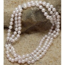 Collier triple rang de 35 cm perles d'Akoya 6-6,5 mm avec 4 barettes