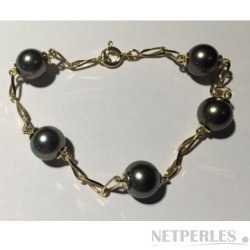 Bracelet maille cheval Or 18k et 5 perles noires d'Eau Douce 8-9 mm AAA