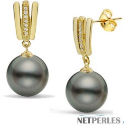 Boucles d'Oreilles Or 9k Perles de Tahiti et diamants