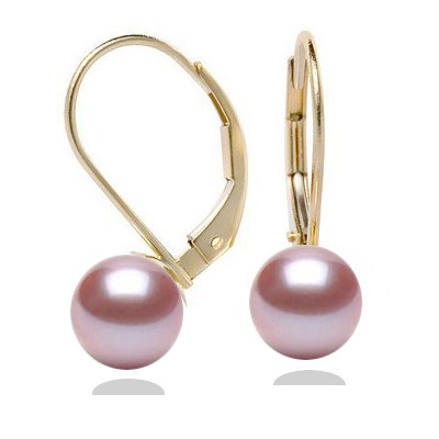 Boucles d'Oreilles Or Jaune 18k Perles d' Eau Douce 7-8 mm Lavande AAA