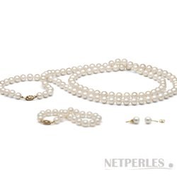 Parure de Perles d'Eau Douce 7 à 8 mm Sautoir 90 cm Bracelet boucles