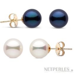 Double paire de Boucles d'Oreilles Or 14k perles de culture d'Akoya 6,0 à 6,5 mm b/n