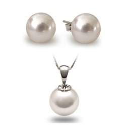 Parure 2 bijoux: pendentif et boucles d'oreilles de perles de culture d'Australie Blanches