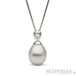 Pendentif Argent 925, diamant, perle d'Australie goutte de 10 à 11 mm AA+
