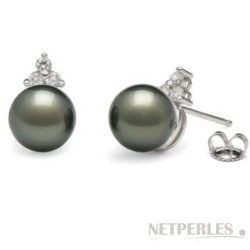 Boucles d'Oreilles en Argent 925 perles noires de Tahiti AAA et diamants