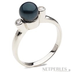 Bague Or 14 carats avec Diamants et perle d'Akoya 6-6.5 mm Noire AAA