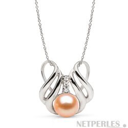 Pendentif Or 14k diamants, perle d'Eau Douce 9-10 mm Pêche AAA 