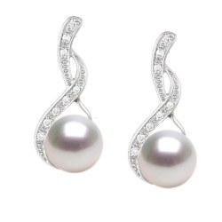 Boucles d'Oreilles Argent 925 diamants et perles de culture d'Akoya blanches